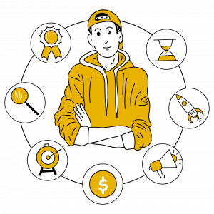 man in yellow hoodie surrounded by icons